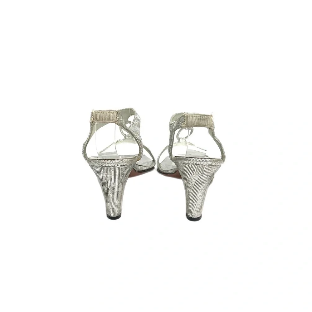 Vintage 1960s silver lamé fabric strappy rhinestone ring open toe dress heels